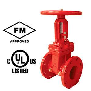 Red OS&Y gate valve with FM and UL accreditation in a white background