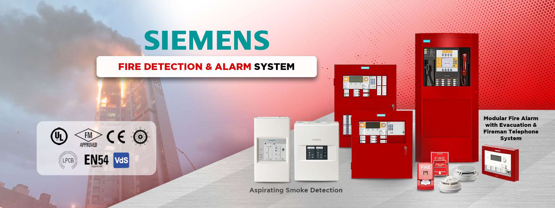 Siemens Fire Detection & Alarm System with aspirating smoke detection, modular fire alarm with evacuation & fire man telephone system